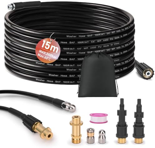 15m Rohrreinigungsschlauch inkl 3 Adapter, 2 Düsen starr + rotierend, Rohrreinigungsset für K2-K7,LAVOR,Bosch,Parkside Abflussreiniger Hochdruckschlauch Rohrreiniger Hochdruckreiniger Hose 240Bar 60°C