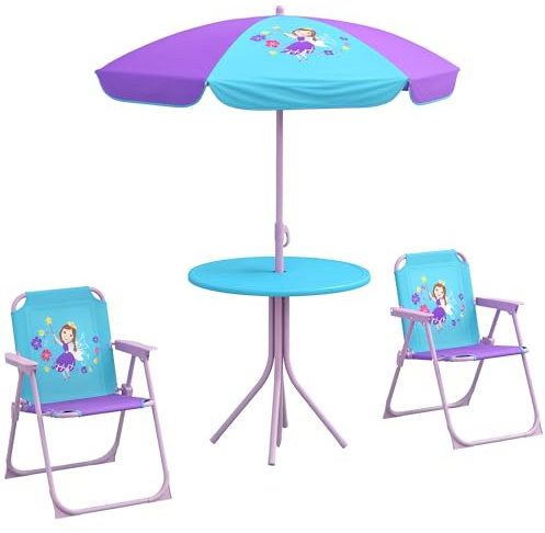 Outsunny Ensemble de bistrot pour enfants - Table et chaises de jardin - Thème des fées - 4 pièces avec parasol réglable - Chaises pliables pour 2 à 5 ans - Bleu