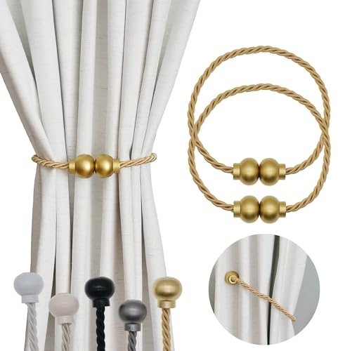 2 Pack Magnetic Curtain Tiebacks Modern Handmade Rope Curtain Tie Backs Decorative Drapes Weave Holdbacks for Home Outdoor Bedroom Office Decorative Curtain, Gold