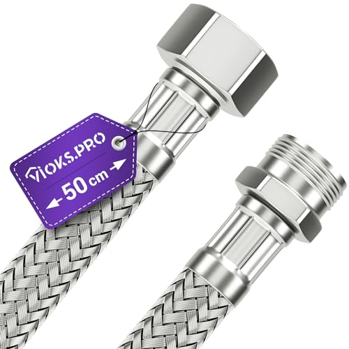 Viоks.pro Tuyau Blindé 1/2 (19,3 mm) AG x ÜM 50 cm - Tuyau d'Eau Potable pour Robinet de Cuisine, Réservoir de Chasse d'Eau, WC, Salle de Bain