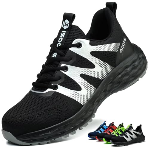Zapatos de Seguridad para Hombre Mujer Ligero Zapatillas Trabajo Comodo Calzado de Seguridad con Punta de Acero Antideslizantes Negro 42 EU