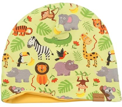 Kleine Könige Mütze Kinder Jungen Beanie · Modell Tiger Löwe Zebra Dschungeltiere grün, gelb · Ökotex 100 Zertifiziert · Größe 122/128 (KU 52-54)