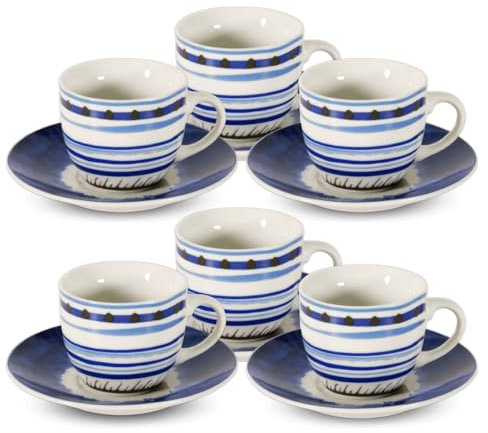 ARCA, Set 6 Tazzine da Caffè Apulia I con Piattino, Realizzate in Porcellana Decorata, Capacità 90 ml, 11x6 cm, Blu