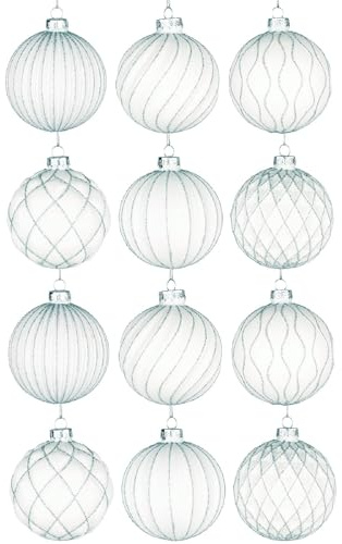 12 Stück/80 mm Glaskugeln, Weihnachtsbaumkugeln, hängende Ornamente, Verschiedene Designs, Weihnachtsbaumschmuck, weiß gestreift