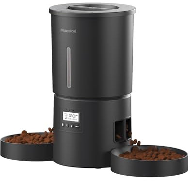 Miaosical distributore automatico cibo gatti con doppia ciotola per 2 gatti, gattini e cani di piccola taglia dispenser di cibo (nero, 4.2L+base 2 ciotole)