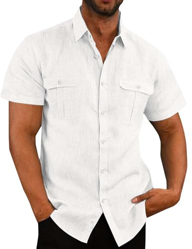 Camicia No Stiro Uomo Estiva Bianca Maniche Corte Camicia Classica Hawaiana Casual Camicie Coreana Cotone Tinta Unita Traspirante Bluse Taglie Forti con Bottoni Camicia Ufficio Estate 2025 Moda