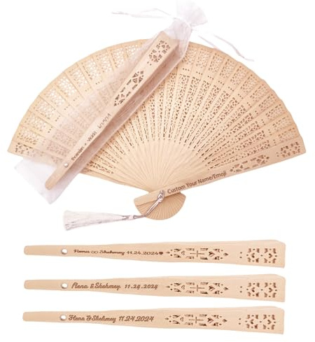 Ventagli Matrimonio Personalizzati in Legno Naturale con Incisione Ventaglio Matrimonio per Invitati, Bomboniere, Decorazione – Idee Originali con Nome/Data, Set di Borse in Organza a Ventaglio (50)