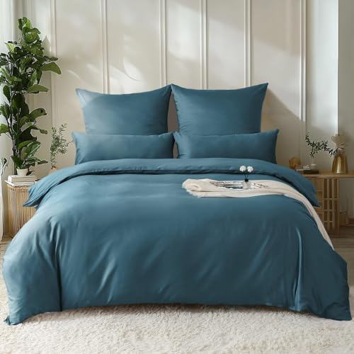SOULFUL Bettwäsche 135x200 Baumwolle Satin,100% Langstapelige Baumwolle Seidig Luxus Bettwäsche-Set mit Reißverschluss, Oeko-Tex Zertifiziert,1 Bettbezug 135x200 & 1 Kissenbezug 80x80,Pfauenblau