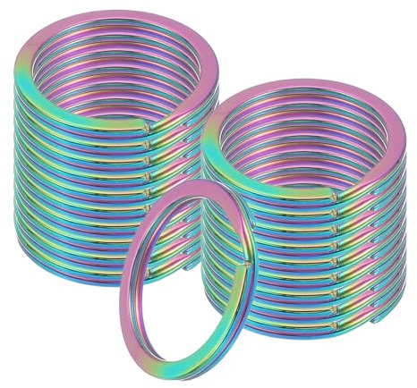 sourcing map 20pcs Split Keychain Rings, 25mm Round Flat Keyrings Stainless Steel Open Key Chain Ring Dog Tag Rings for DIY Keychain Craft Lanyard, 1.8mm Thick, Rainbow
