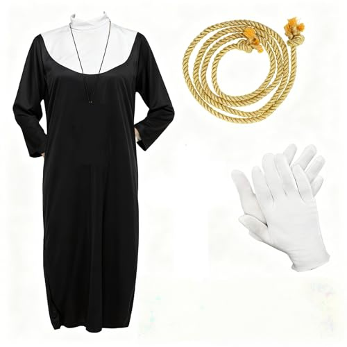 Mprocen Costume da suora per adulti, 6 pezzi, costume da suora, vestito religioso per film, abito classico per Halloween, con collana a croce, guanti, corda in vita, adesivo per cicatrici, cosplay