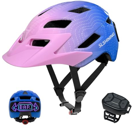 Aomiun Casco de Bicicleta para Niños con Pantalla LED, Luz, para Ciclismo, Patinaje, Scooter, Deporte, Equitación, con Luces Intermitentes y Control Remoto (Rosa)