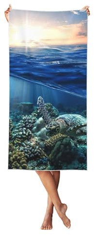 LMNvbz Sea Turtle Floating Up And Over Coral Print Quick Dry Beach Towel, 140Ã—70cm Soft Absorbent Towels For Pool, Cabana And Vacation