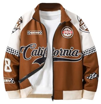 RoseSeek Boy's Graphic Color Block Motorcycle Jackets Full Zip Long Sleeve Athletic Sports Outerwear Brown 11Y