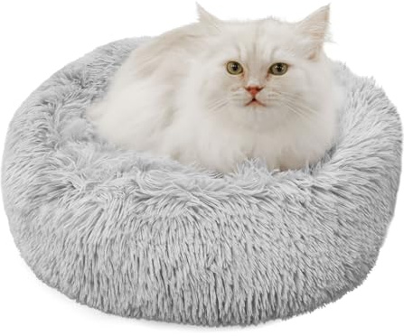 Qinxuepet Dog & Cat Beds for Indoor pet, Fluffy Round Pet Bed Non-Slip, Calming Soft Plush Donut Cuddler for Indoor Small Dogs Kittens, 40cm Diameter Cat Bed Machine Washable, Light Grey
