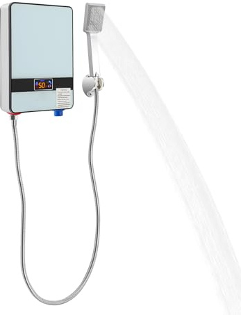 Genomströmningsvärmare 6 500 W, elektrisk varmvattenberedare med FI-skydd, kompakt underbordsspanna för dusch och kök, omedelbart varmvatten även vid lågt tryck för hushåll och hem
