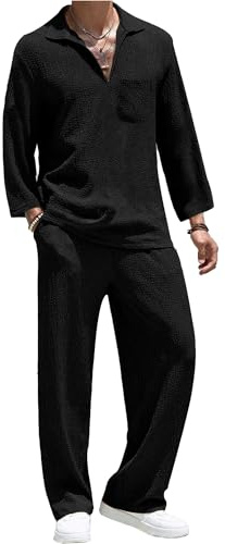 QUNERY Sommar Herr Jogging Casual Strandkläder Andningsaktiv Lös Långärmad T-shirt + Byxor Set Herr