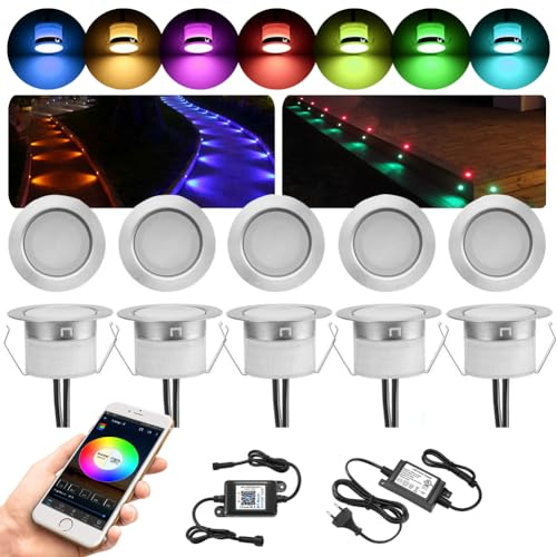 10er WiFi RGBWW Led Bodeneinbauleuchten Aussen, Ø31mm Dimmbar Led Bodeneinbaustrahler Bodenspots Terrassen Einbaustrahler Außen, DC12V 0.5W IP67 Wasserdicht Terassenbeleuchtung (RGB + Warmweiß)