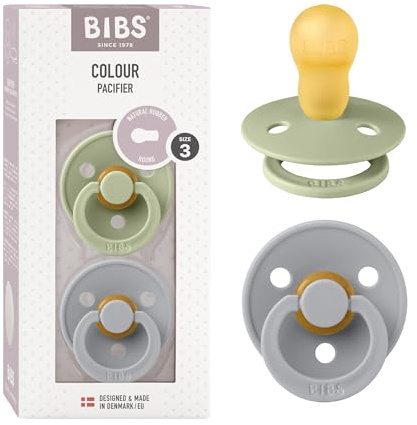 BIBS Pacifiers | Natural Rubber Baby Pacifier | Set of 2 BPA-Free Soothers | Round Nipple | Made in Denmark | Sage/Cloud | Size 18-36 Months