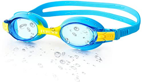 FUNOWN Kinder-Schwimmbrille, UV-Schutz, Anti-Fog, Split-Yoke-Riemen, klare Gläser, für Kinder 2-14 Jahre (Hellblau)