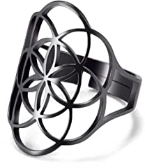 Amaxer Ring mit Blume des Lebens, Mandala, heilige Geometrie, Statement, ausgehöhlt, verstellbarer Bandring, Schmuck für Frauen, Edelstahl (Schwarz)