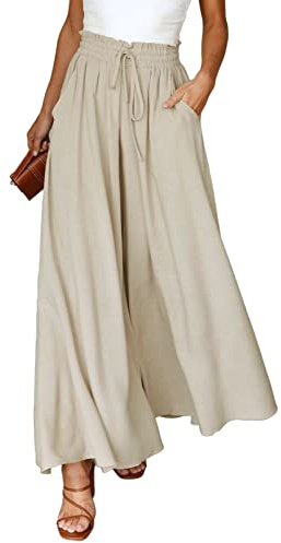 Dokotoo Women Beach Fashion Clothing Womens High Waist Drawstring Wide Leg Long Pants Casual Loose Breathable Lounge Trousers for Women Ladies Beach Pants with Pockets Beige L