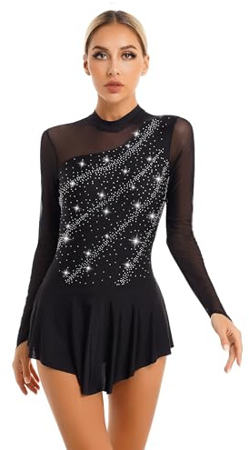 Agoky Maillot Manga Larga de Patinaje Artístico para Mujer Vestido de Danza Lírica Contemporánea Leotardo de Ballet Clásica Gimnasia Disfraz de Bailarina A Negro S