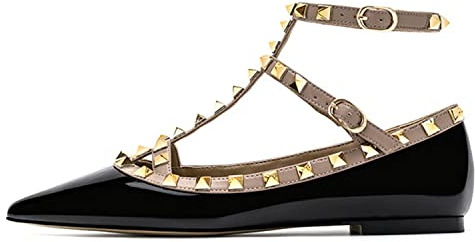 WOkismD Tacchi Spessi per Le Donne Slingback T-Strap Décolleté Moda Rivetto con Borchie Punta Chiusa Sandali Tacco Basso Casual Strappy Abbigliamento Quotidiano Abito da Sera Scarpe,Marrone,39
