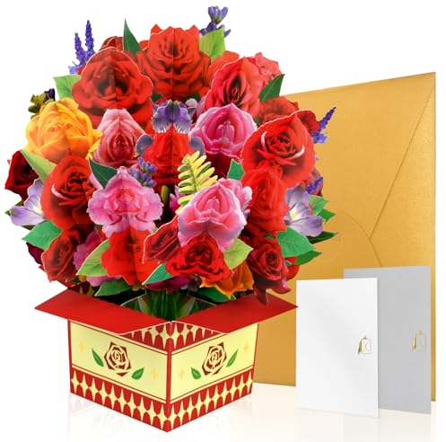 GREETING ART Pop Up Karte Blumenstrauß,Pop-Up Blumenkarte-Blume mit Rosen,Pop-Up Karte Hochzeits,3D Hochzeitskarte,Blumen Grußkarte mit Umschlag