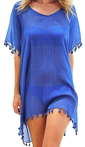 Qianderer Women Cover Ups Beachwear Crochet Hollow Out Beach Dress Summer Bikini Swimsuit Cover Up Bathing Suit (Blue, One Size)