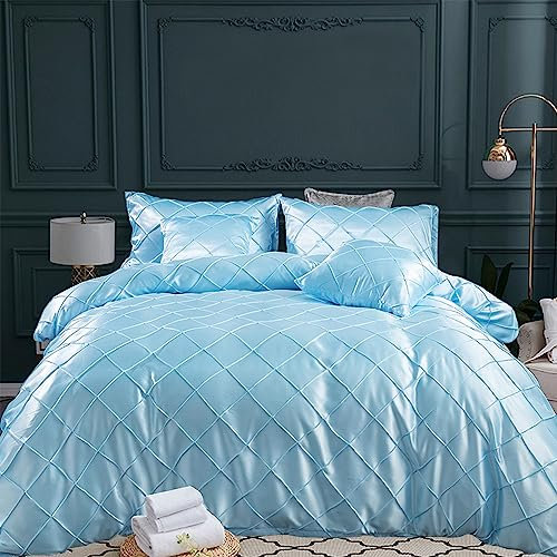 Nyescasa Satin Bettwäsche 135x200 2 Teilig Blau Einfarbig Bettwäsche-Set Glatt Luxus Seide Glanzsatin Bettbezüge Geometrische Glänzend Bettbezug mit Reißverschluss und Kissenbezug 80x80cm