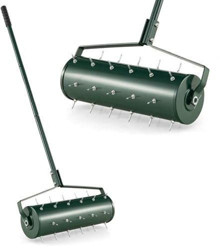GOPLUS Aireador de césped, escarificador manual con mango y clavos de 3,4 cm, aireador rodante, escarificador manual, aireador de suelo para jardín, patio, terraza (53 x 130 cm)