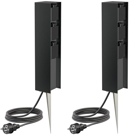 ledscom.de 2 Prises de Jardin Colonne POMI avec Piquet de Terre et 2m de câble pour l'extérieur, IP44, 3X, Noir, carré, 33cm