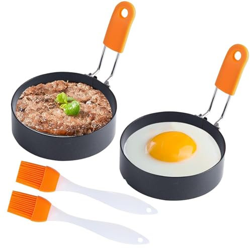 Egg Rings for Frying, Fried Egg Ring, 2 PCS Egg Moulds & 2 PCS Egg Brush, Egg Ring with Anti-scalding Folding Handle, Egg Frying Rings for Family Kitchen Breakfast Egg Pancakes Mini Burgers