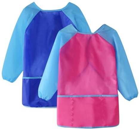 Ziyonix Grembiule da Pittura Bambini 2 Pezzi Grembiulino Impermeabile Scuola Maniche Lunghe con 3 Tasche, grembiule da Artigianato per Bambini da 5 a 8 Anni, per Pittura, Scuola,Casa, Blu & Rosso