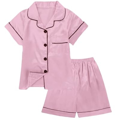 JiaYouLC Kids Pyjamas Girls Boys Short Sleeve Satin Pyjamas Button-Down Faux Silk Nightwear Children Sleepwear Teens Age 4-16 (UK, Age, 11 Years, 12 Years, Regular, Pink)