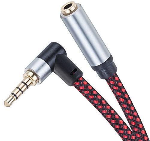 Cavo di prolunga audio TRRS da 3,5 mm, 2 m, prolunga per cuffie AUX a 90 gradi, cavo intrecciato a 4 poli con supporto per microfono, compatibilità universale (2 m)