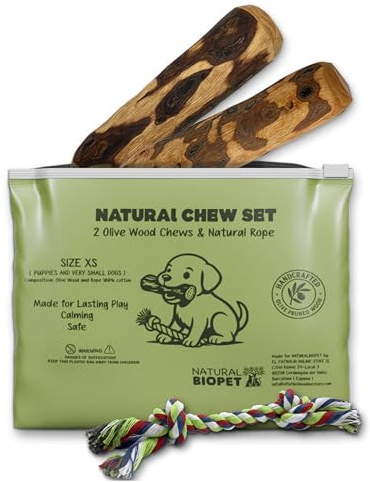 Massaggiagengive per Cuccioli e Cani Piccoli XS (13 cm) | 2 Legni d'Ulivo + Corda | Gioco Naturale e Durevole | Rimuove il Tartaro | Bagnati in Olio d'Oliva | Corda (18 cm)