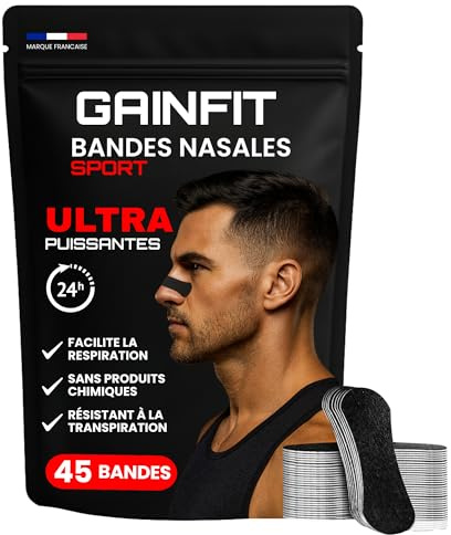 45 Bandelettes Nasales Sport Prenium Résistantes à la Transpiration – Améliore la Respiration & l’Endurance – Strip Nasal Puissant, Dilatateur & Ecarteur Nasal pour Cardio & Fitness, anti ronflement