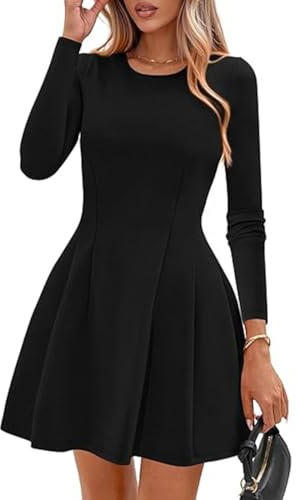 Hanaoops Vestito Sexy Donna Manica Lunga Girocollo Mini Abito Elegante Vita Alta A Line Vestito Corto Bodycon Casual Tinta Unita Aderente Vestiti de Discoteca Sera Cocktail Party Dress Autunno Inverno