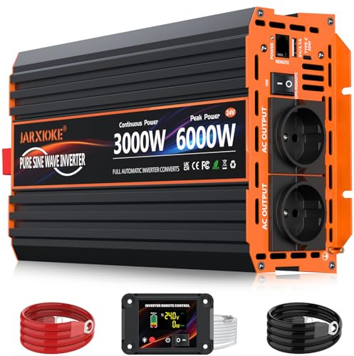 3 000 W växelriktare 24 V till 230 V ren sinusomvandlare, inverterare med 2 EU-uttag, 30 W USB-C, 5 V 3,1 A USB, LCD-fjärrkontroll, för husvagnar, lastbilar, solenergi, toppeffekt 6 000 W