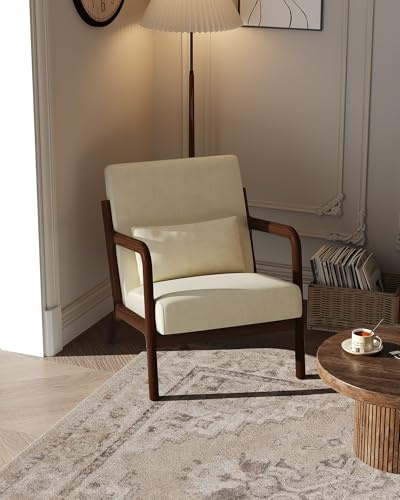 Garvee Mid-Century Chenille Accent Chair, Cozy Reading Chair, Modern Lounge Armchair with Lumbar Pillow, Solid Wood Frame, for Living Room, Bedroom, Office, Beige