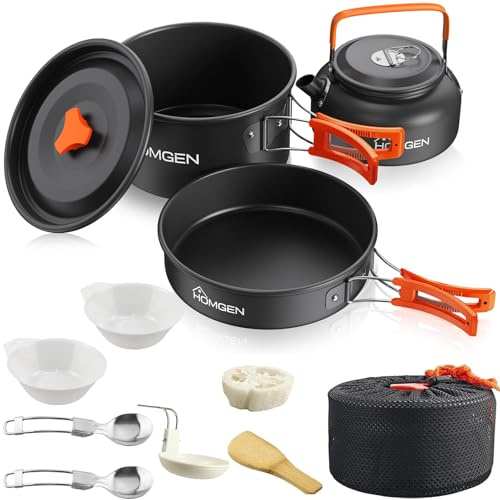 HOMGEN Camping matlagning set camping krukor och stekpannor set aluminium camping köksredskap kit bärbar matlagning rörsats lätt camping matlagning utrustning för 2-3 personer