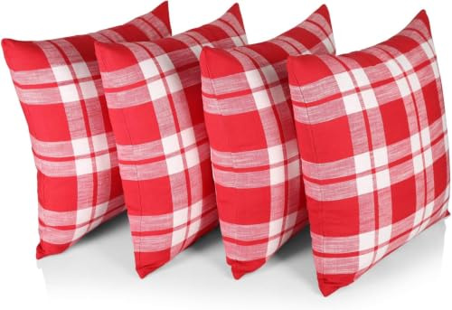 Penguin Home 100% Cotton Decorative Double Sided Square Cushion Covers with Invisible Zipper 45cm x 45cm x 18” (Set of 4, Red/White Check), 45 X45 X1 cm