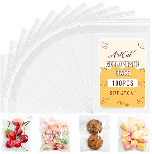 ARTCUT 100 Pcs Cellophane Bags, 4 X 6 Cookie Bags, Self-Adhesive Opp Bag | Sweet Bags, Self-Seal Cellophane Bags for Cookies, Biscuits, Sweets and Small Gifts
