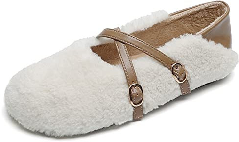 JOEupin Mocassini da donna senza lacci Mary Jane caldi pantofole casa ballerine, Beige 2., 37.5 EU