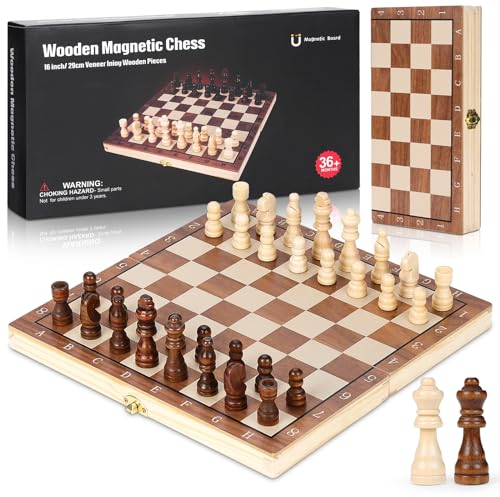 Cugybue Schachspiel Holz,Schachspiel Magnetisch,Geeignet Schachspiel aus Holz für Kinder und Erwachsene,Reiseschach, Schachspiel Klappbar Rohe Holzfarbe 29 * 29 cm