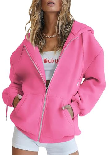 Timuspo Sweat-shirt à capuche, coupe ample, long avec fermeture Éclair, pour automne et hiver, pour femme, Couleur : rose., S