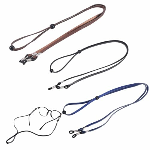 3 Stück Brillenband, Brillenkette Universal, Rutschfeste Brillenschnur aus Leder, Verstellbar Brillenband, Geeignet für Sonnenbrillen, Sportbrillen, Presbyope(Schwarz, Blau Und Braun)