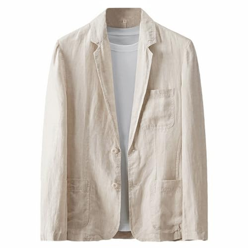 GIBZ Blazers de Lino para Hombre Chaqueta de Traje Sencilla Informal a la Moda Blazer Abrigo Deportivo Transpirable con Bolsillo para Primavera Verano y Otoño Beige L