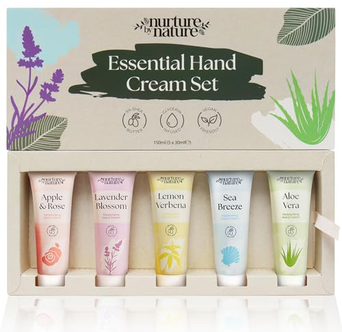 Nurture by Nature Hand Cream Gift Set 5x30ml – With Shea Butter & Glycerin for Dry Hands – 5 Fragrances – Travel Size Hand Moisturiser – Vegan – Valentines Day Gift for Her, Mothers Day Gifts